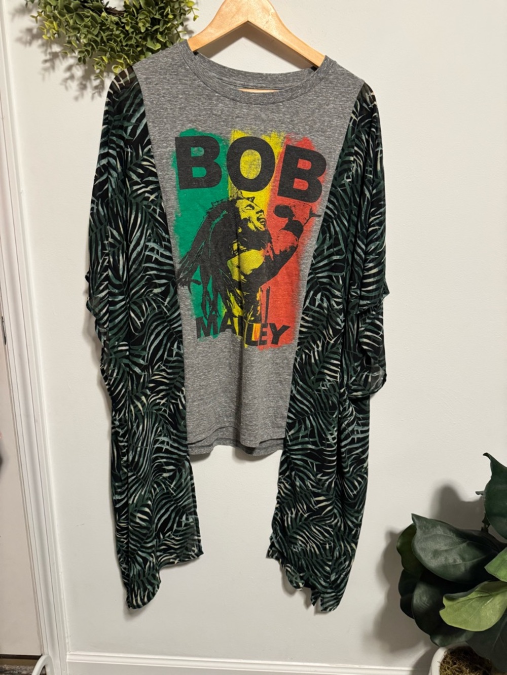Reworked Bob Marley Graphic Tee with Leaf Print Kimono Sleeves